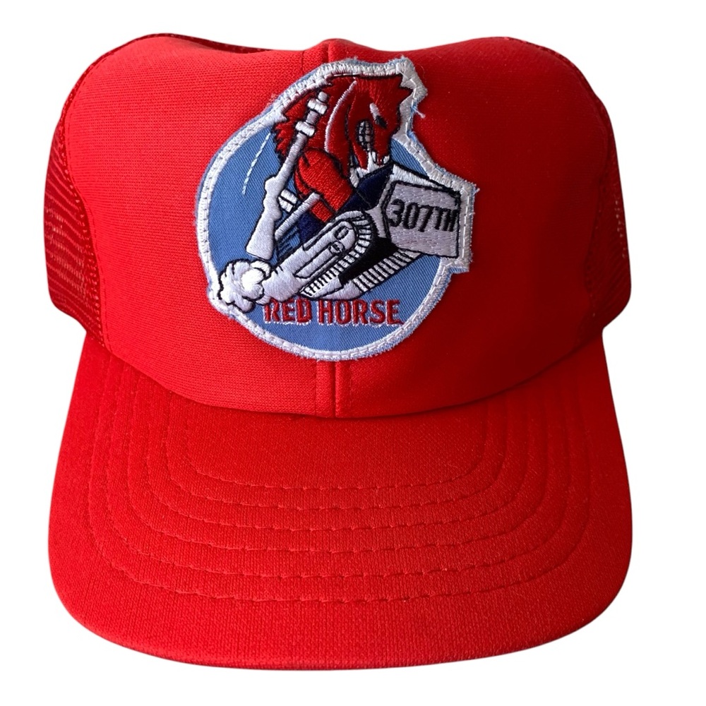 Vintage 80s 90s USAF 307th Red Horse Logo Red Universal Brand Snapback Cap